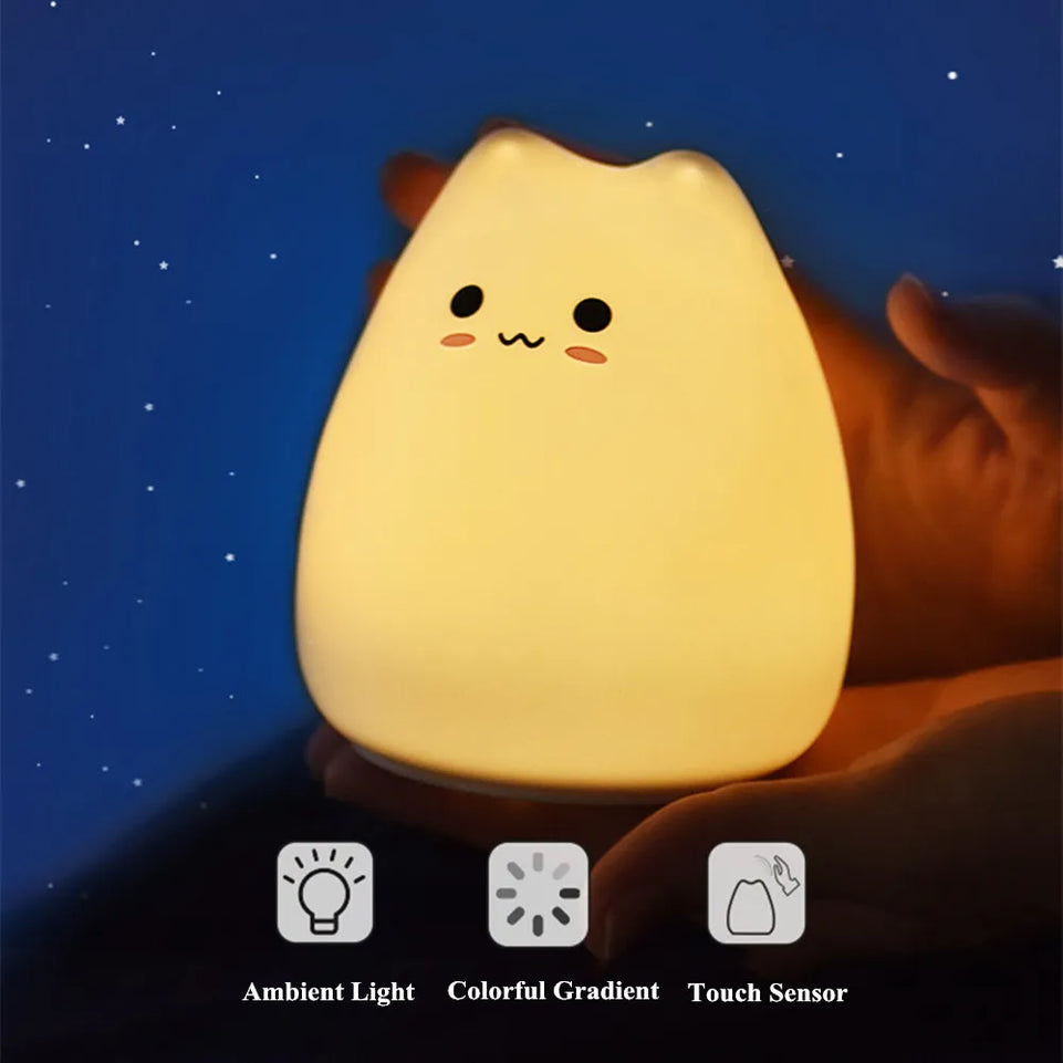 Cute Cat LED Night Light Touch Sensor Colorful Silicone Battery Powered Bedroom Bedside Decoration Lamp for Children Baby Gift