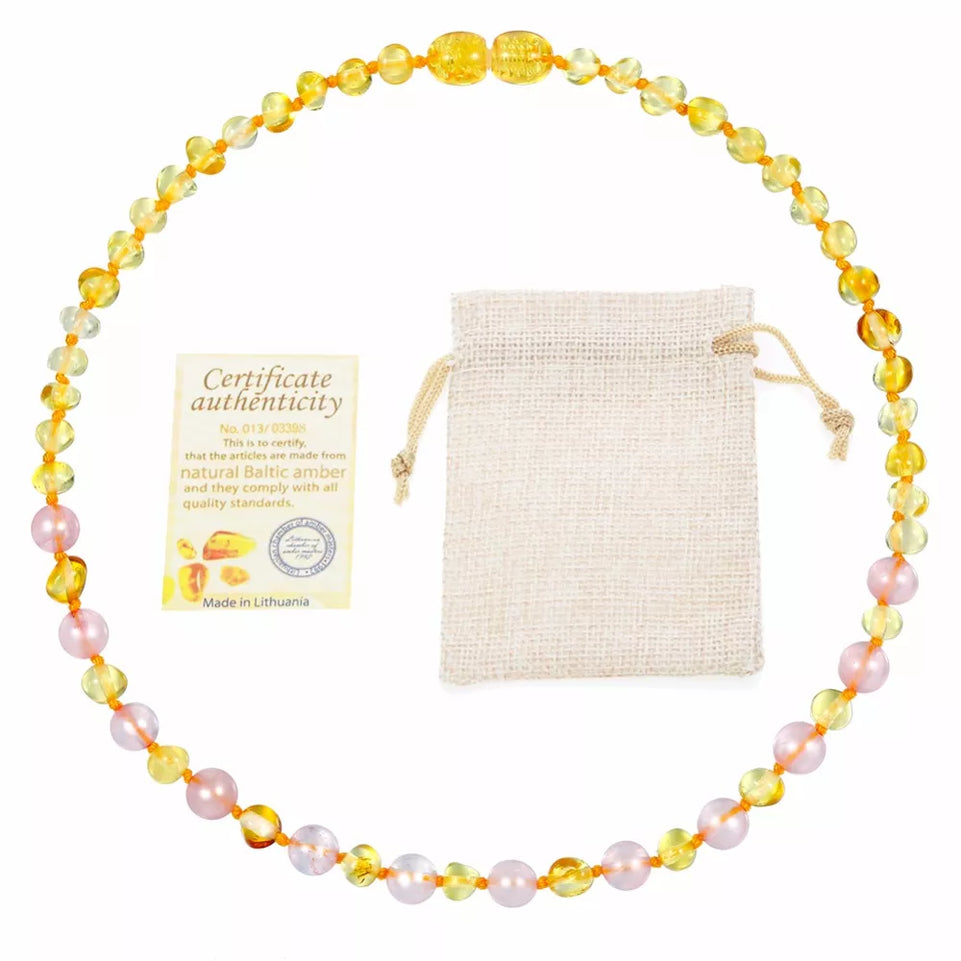 HAOHUPO Original Baltic Amber Teething Necklace for Women Supply Certificate Pink Crystal + Gold Amber Bracelet for Baby Gift